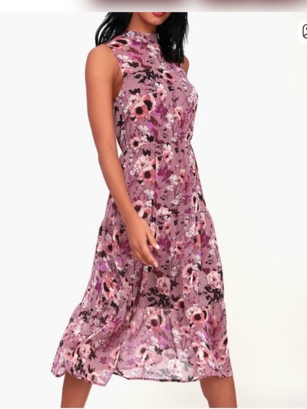 Floral Sleeveless Midi Dress in Mauve Pink